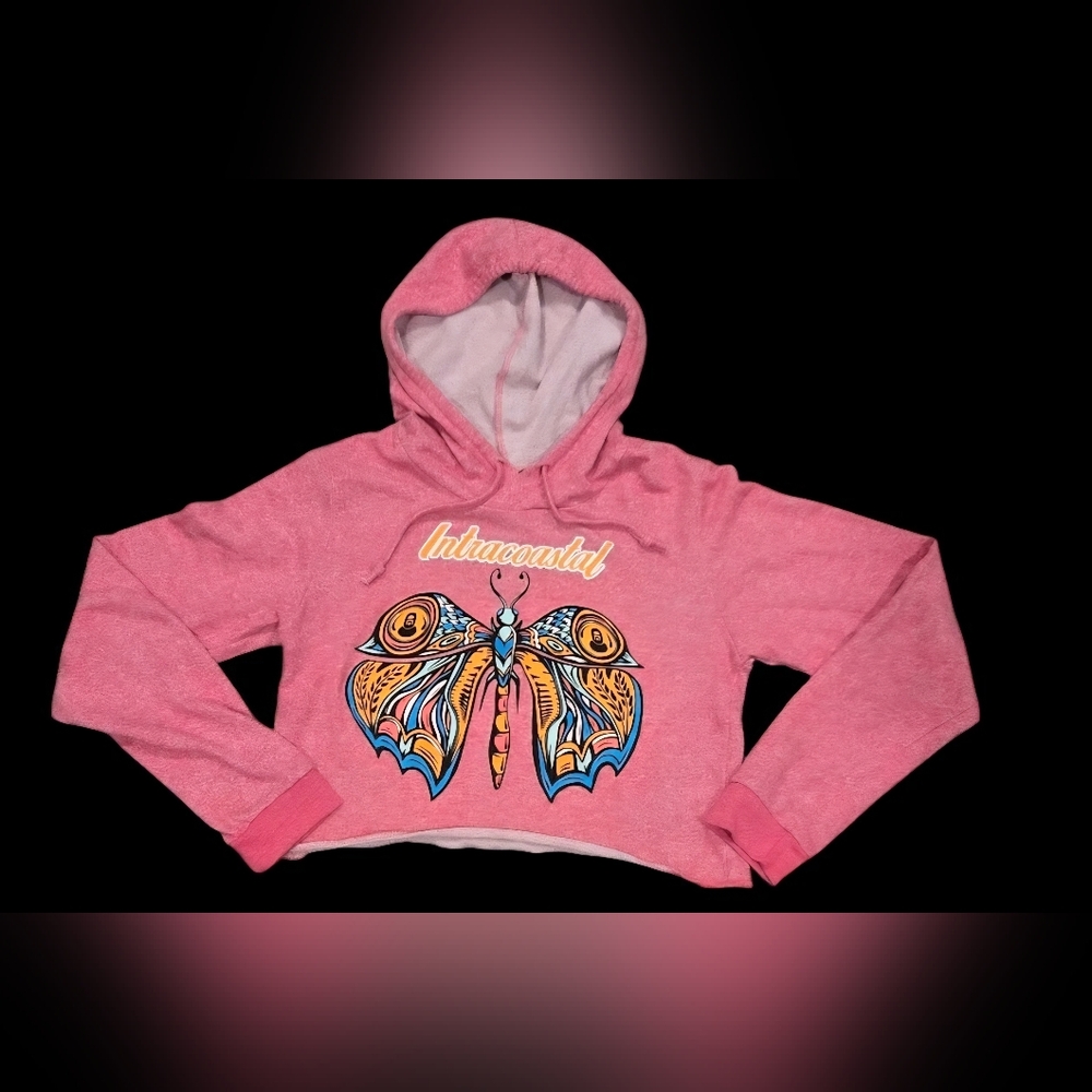 Intracoastal Women's Small Sweat Crop Top Sweatshirt Hoodie Pink Butterfly Shirt